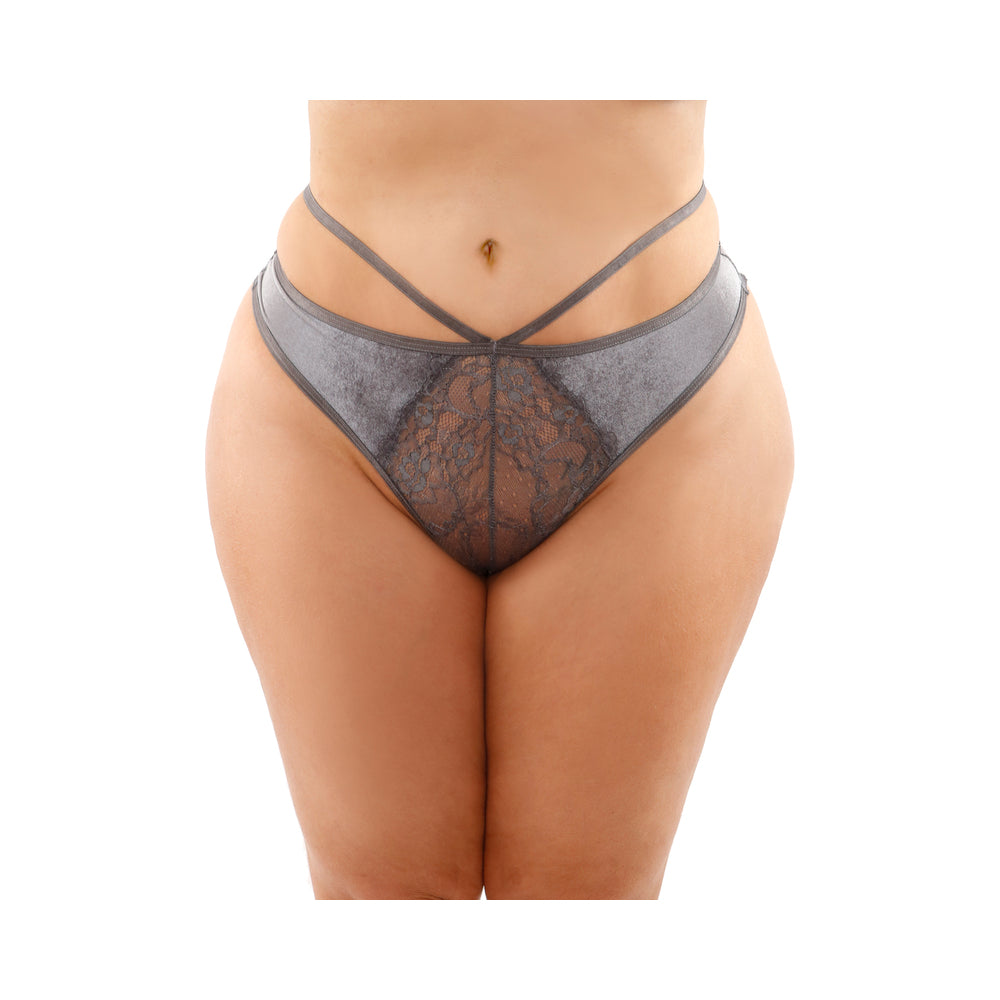 Kalina Velvet Strappy Cut-Out Thong With Keyhole Back Gray Queen
