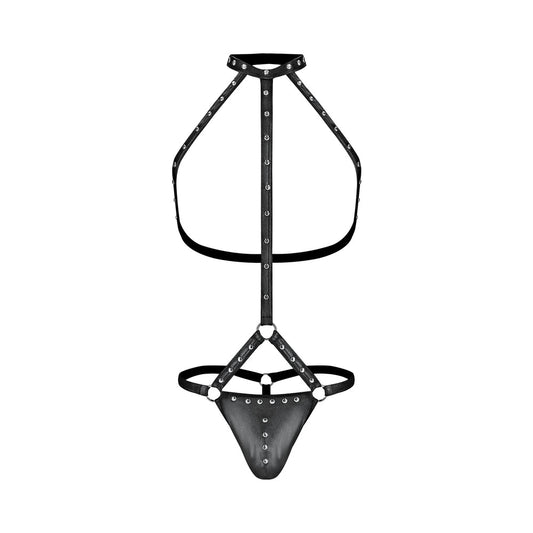 Male Power Fetish Gladiator High-Neck Strappy Body Harness Black S/M