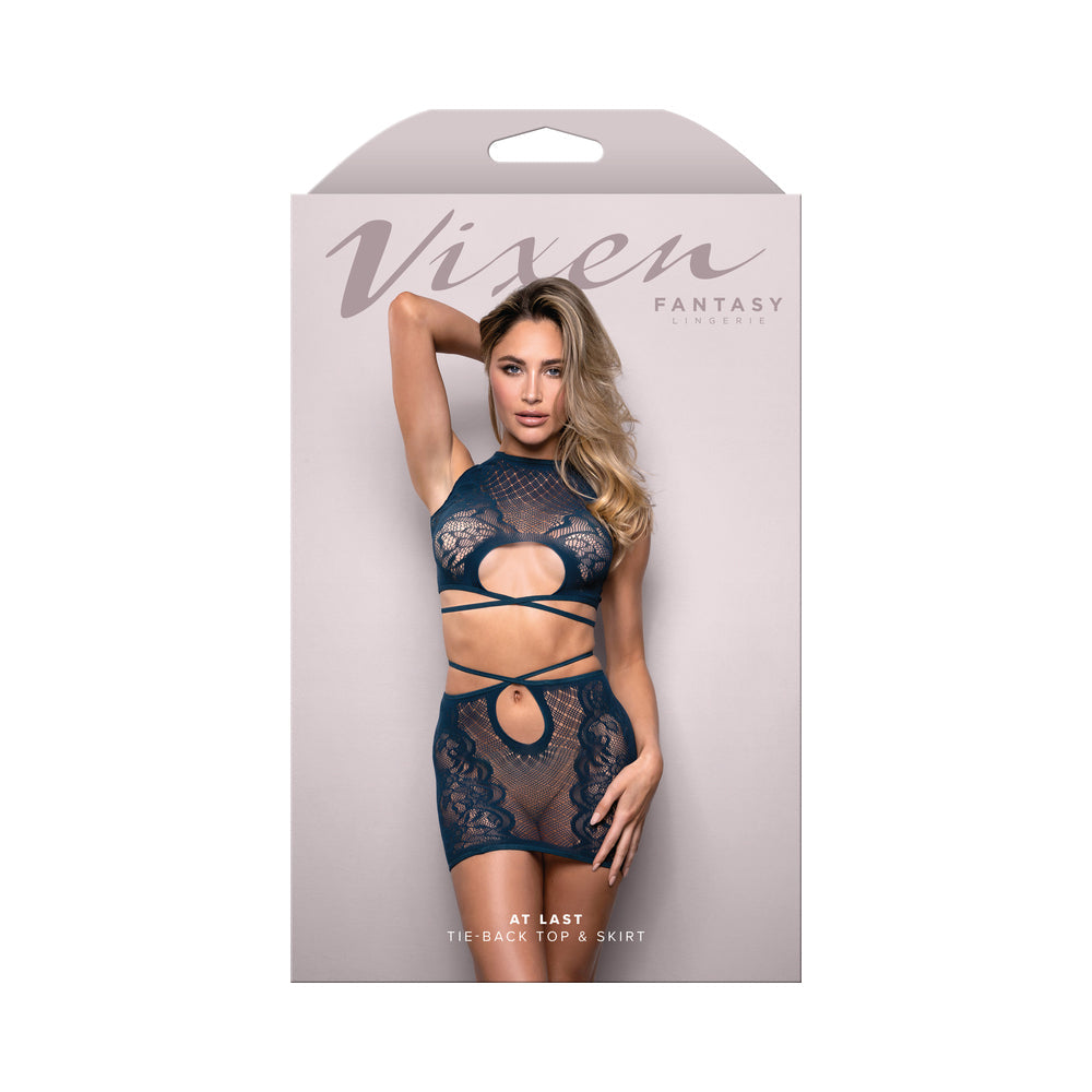 Fantasy Lingerie Vixen At Last Floral Lace Knit Tie-Back Top & Skirt Navy O/S