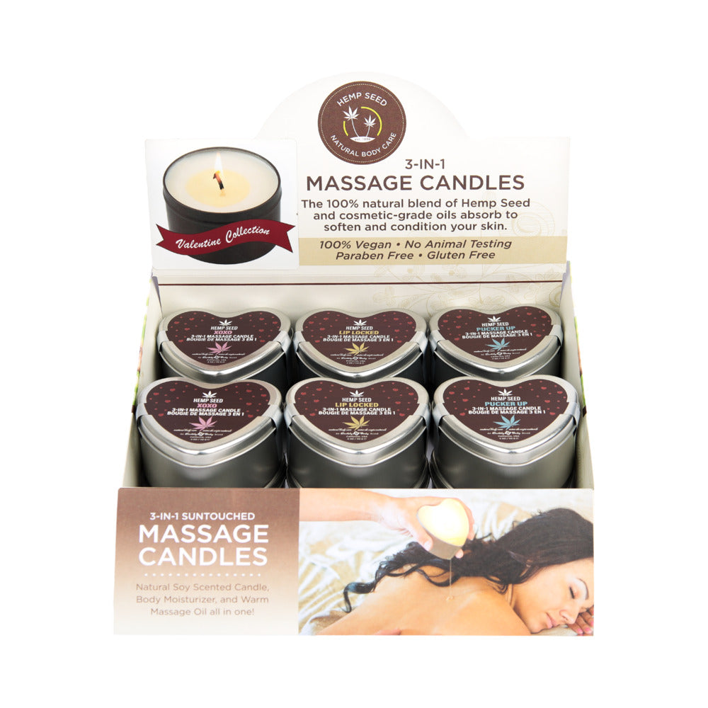 Earthly Body Hemp Seed Valentine''s Day Heart Candle Pre Pack: XOXO, Lip Locked, Pucker Up