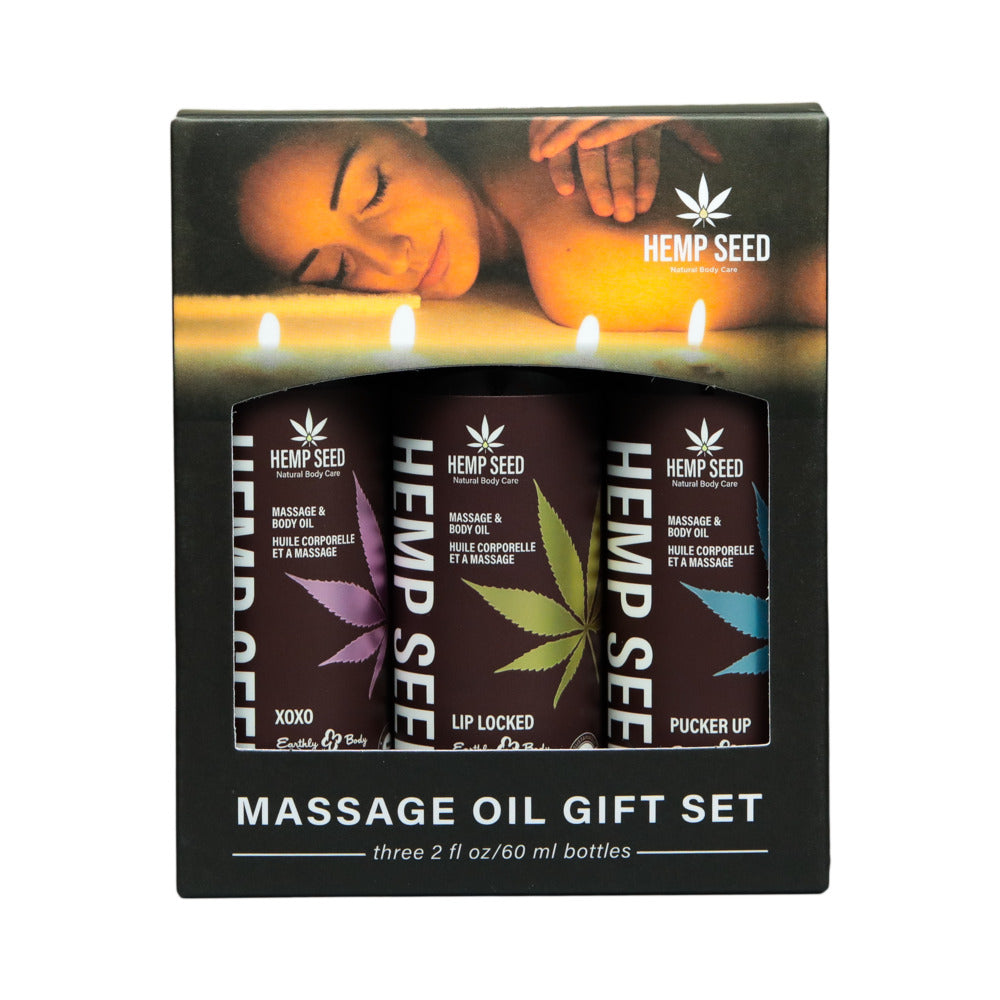 Earthly Body Hemp Seed Valentine Massage Oil Trio Gift Set: XOXO, Lip Locked, Pucker Up