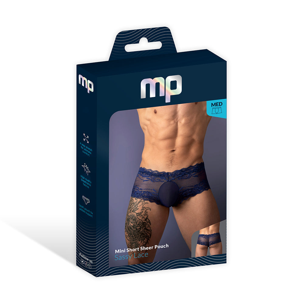 Male Power Sassy Lace Mini Short Sheer Pouch Navy S