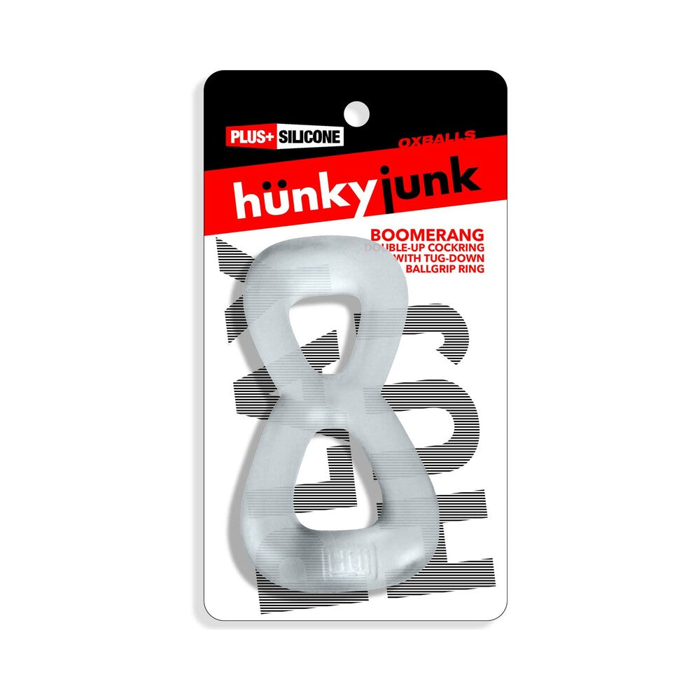 Hunkyjunk Boomerang Double-Ring Cockring & Nut-Tugger Clear Steam