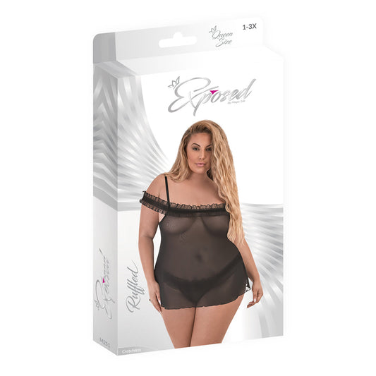Magic Silk Ruffled Flyaway Babydoll & Split-Crotch Thong Black QUEEN