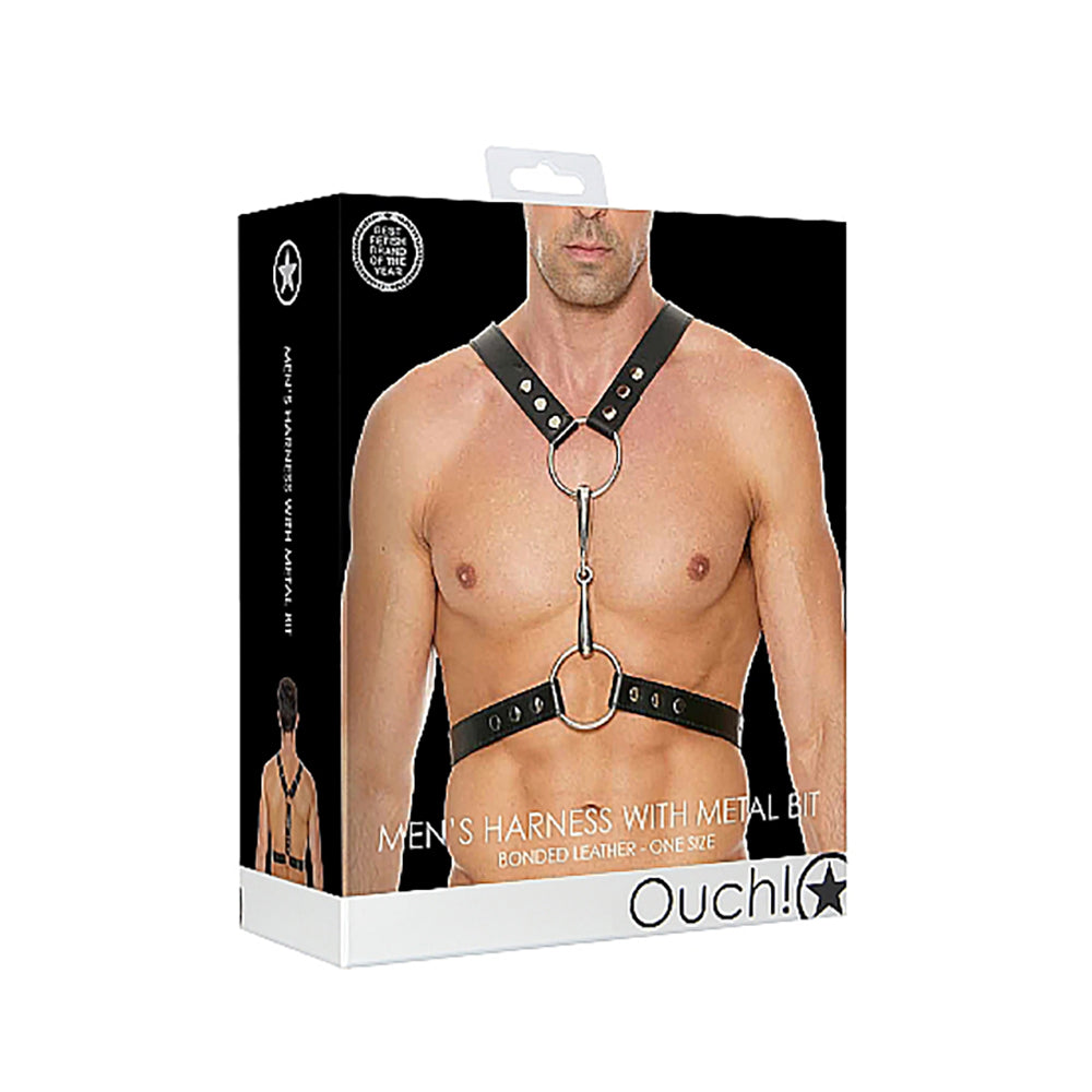 Ouch! Men''s Bonded Leather Harness With Metal Bit Black O/S