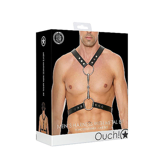Ouch! Men''s Bonded Leather Harness With Metal Bit Black O/S