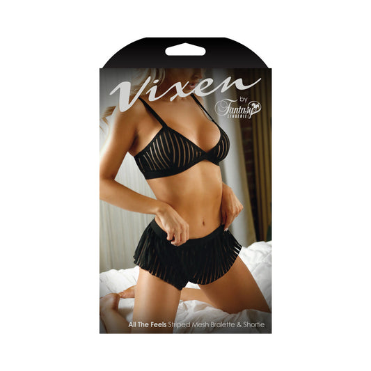 Fantasy Lingerie Vixen All The Feels Striped Mesh Bralette & Shorties Black O/S