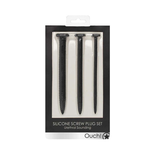 Ouch! Urethral Sounding Textured Silicone Screw Plug Set Black 9 mm / 13 mm / 16.5 mm