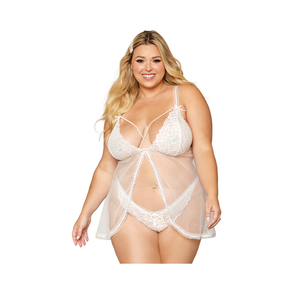 Dreamgirl Lace Mesh Babydoll With Pearl Accents & Lace Pearl G-String White Queen Size