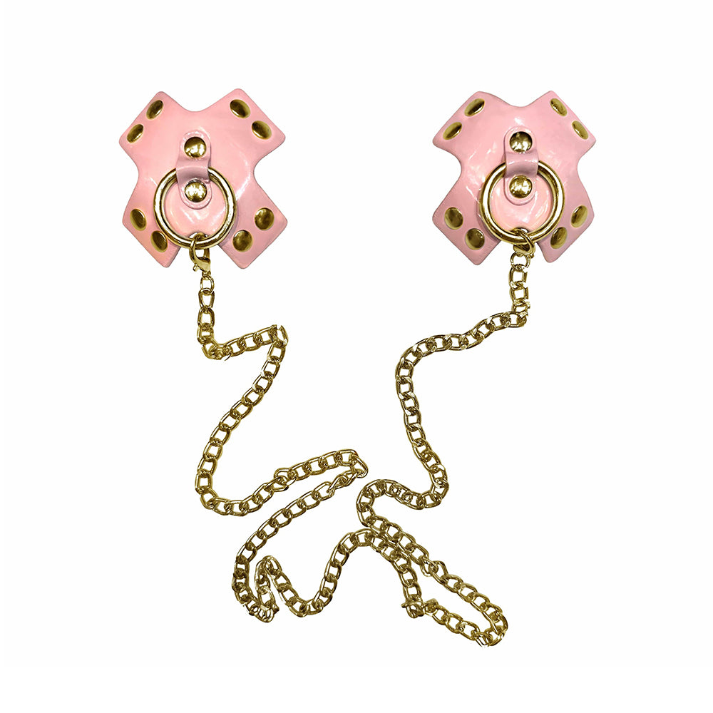Neva Nude Pierced ''N Punked Pink Leather Gold Chain Reusable Silicone Nipple Cover Pasties