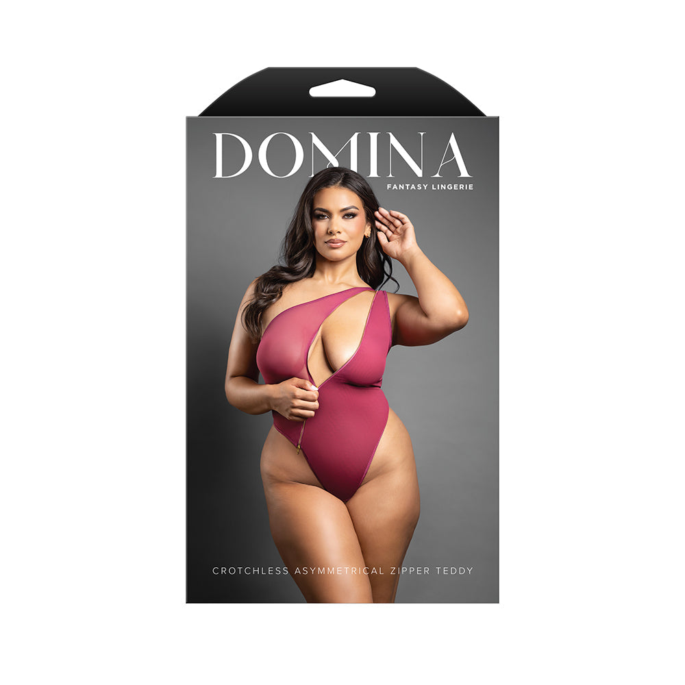 Fantasy Lingerie Domina Crotchless One-Shoulder Teddy with Asymmetrical Front Zipper Berry Queen Size