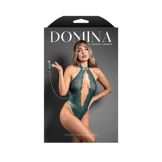 Fantasy Lingerie Domina Keyhole Halter Teddy with Detachable Chain-Link Leash Pine Green S/M