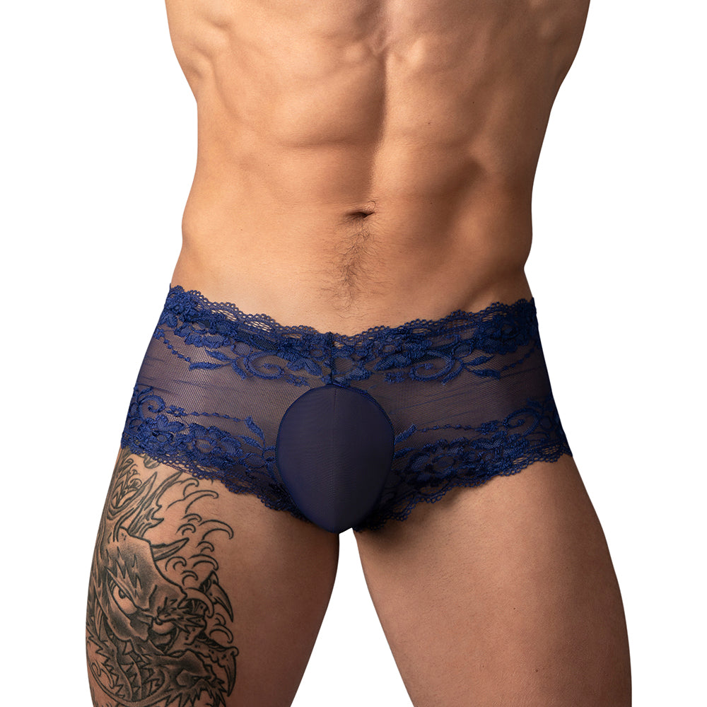 Male Power Sassy Lace Mini Short Sheer Pouch Navy S
